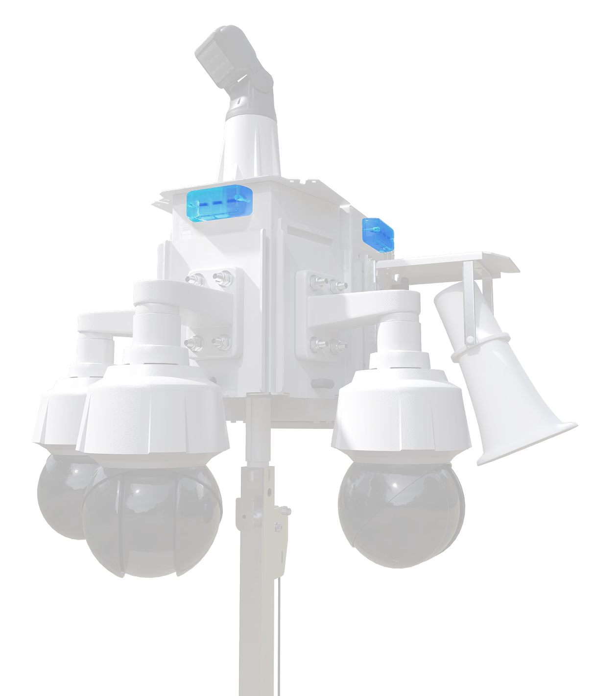 A 3D render of an LVT security unit with two blue, illuminated strobe lights.