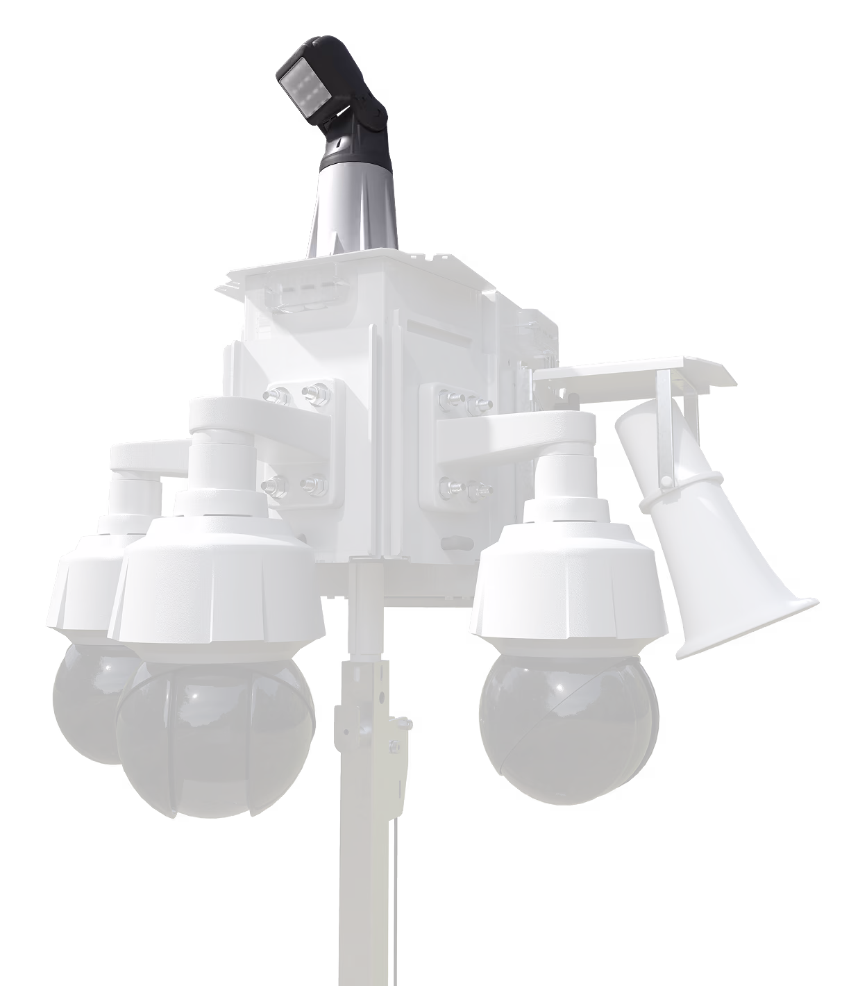 A 3D render of an LVT security unit featuring a bright, directional spotlight.