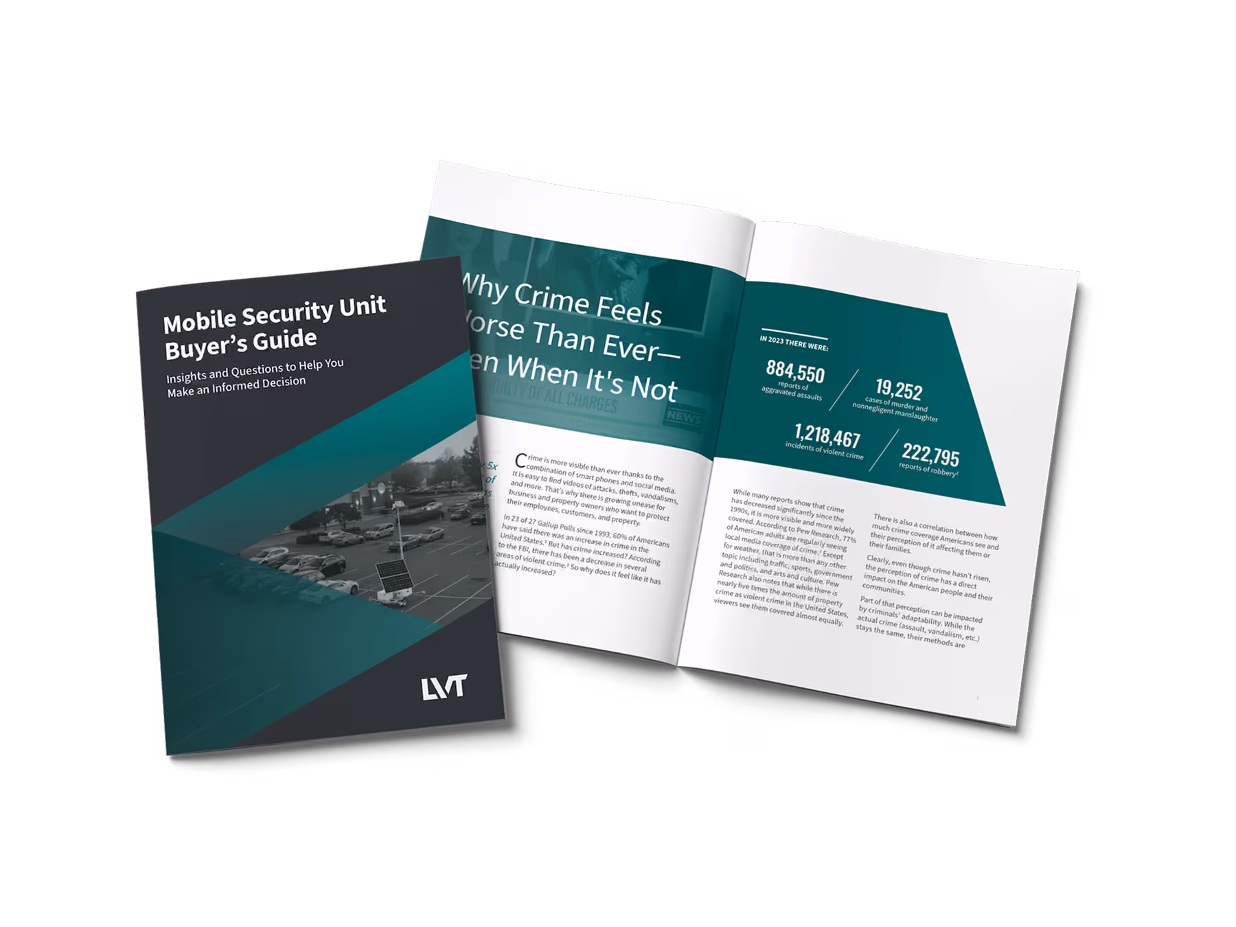 Mockup of the LVT Mobile Security Unit Buyer's Guide showing internal pages with 2023 crime statistics.