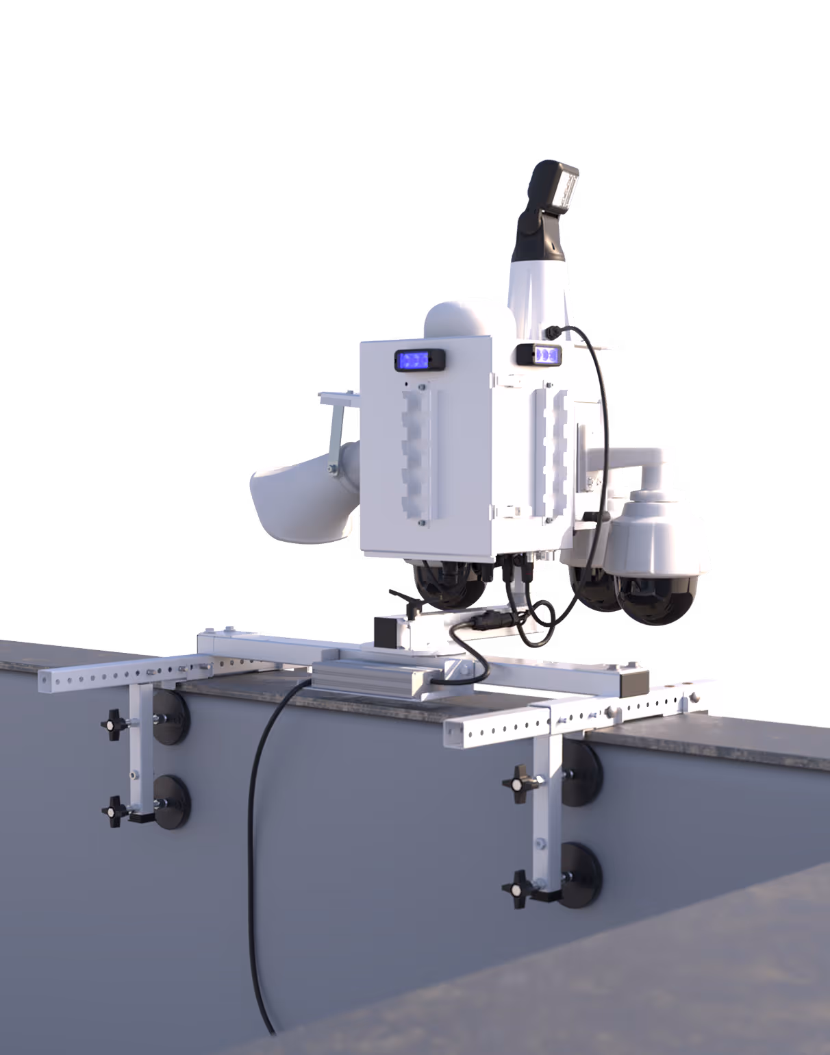 A 3D render of LVT security cameras and speakers mounted to a building's roof edge using a specialized parapet mounting bracket.