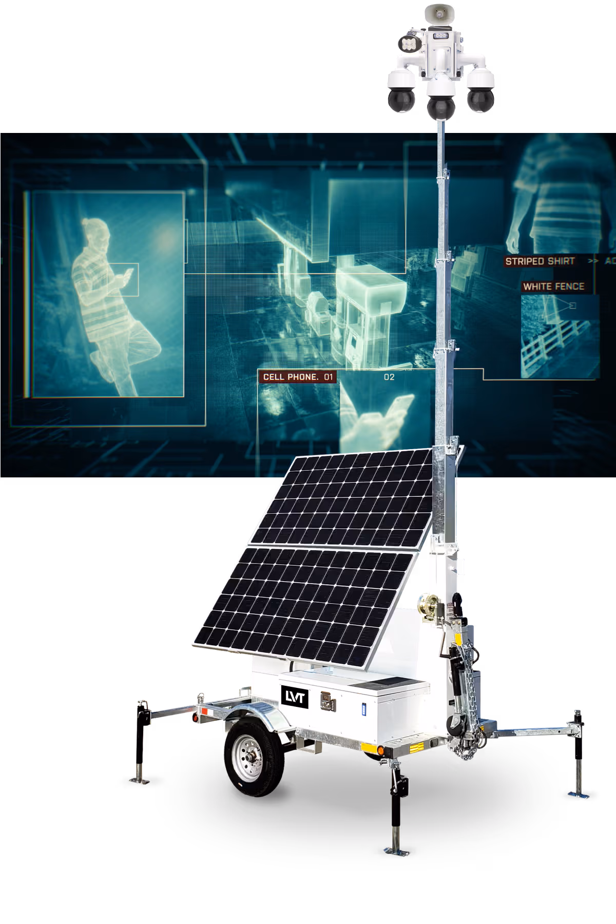 A white LVT mobile security unit in the foreground with a digital graphic background showing AI detection labels for a person and a cell phone.