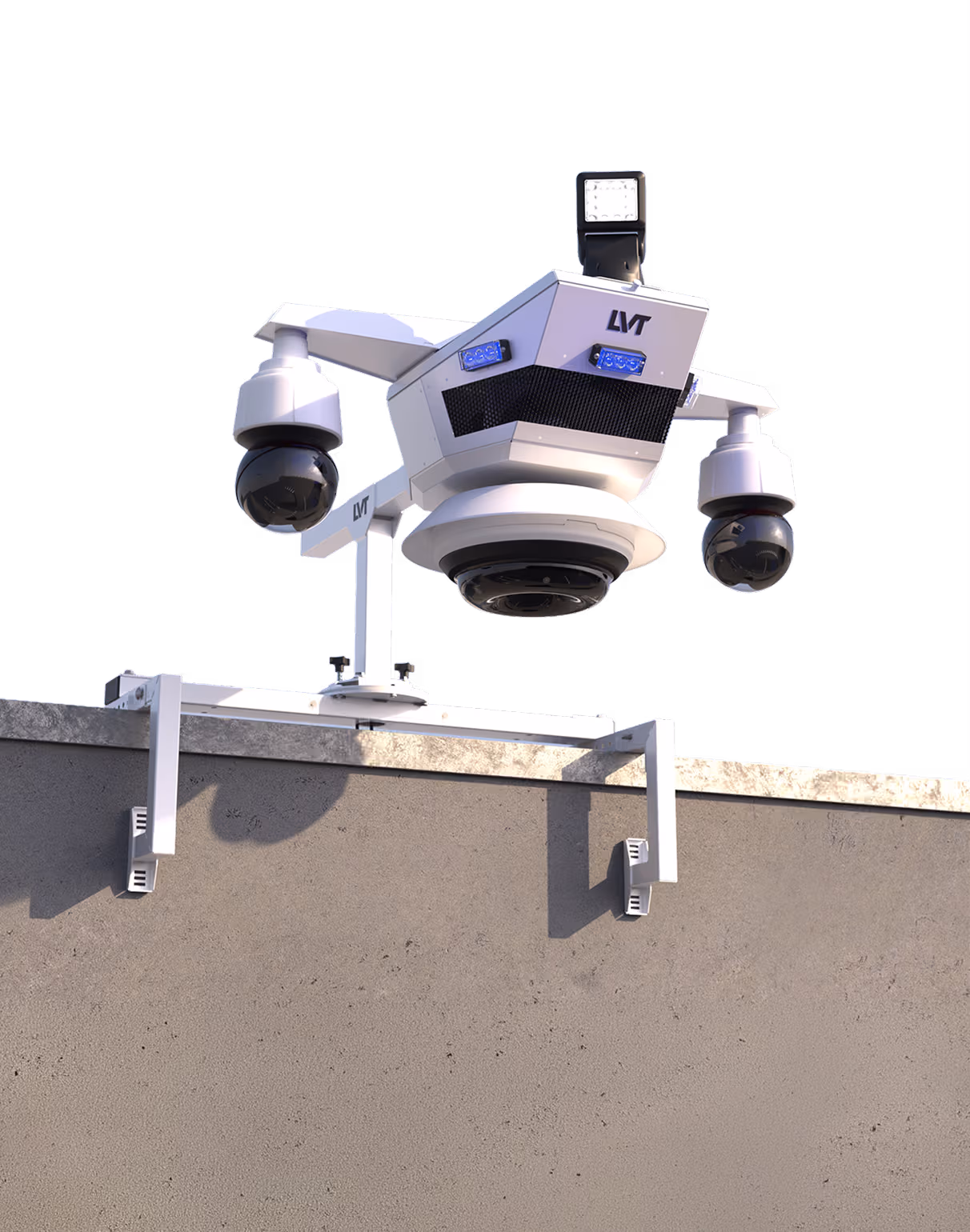 A 3D studio render of a white LVT Surround security camera head attached to a concrete wall with a parapet clamping mount.