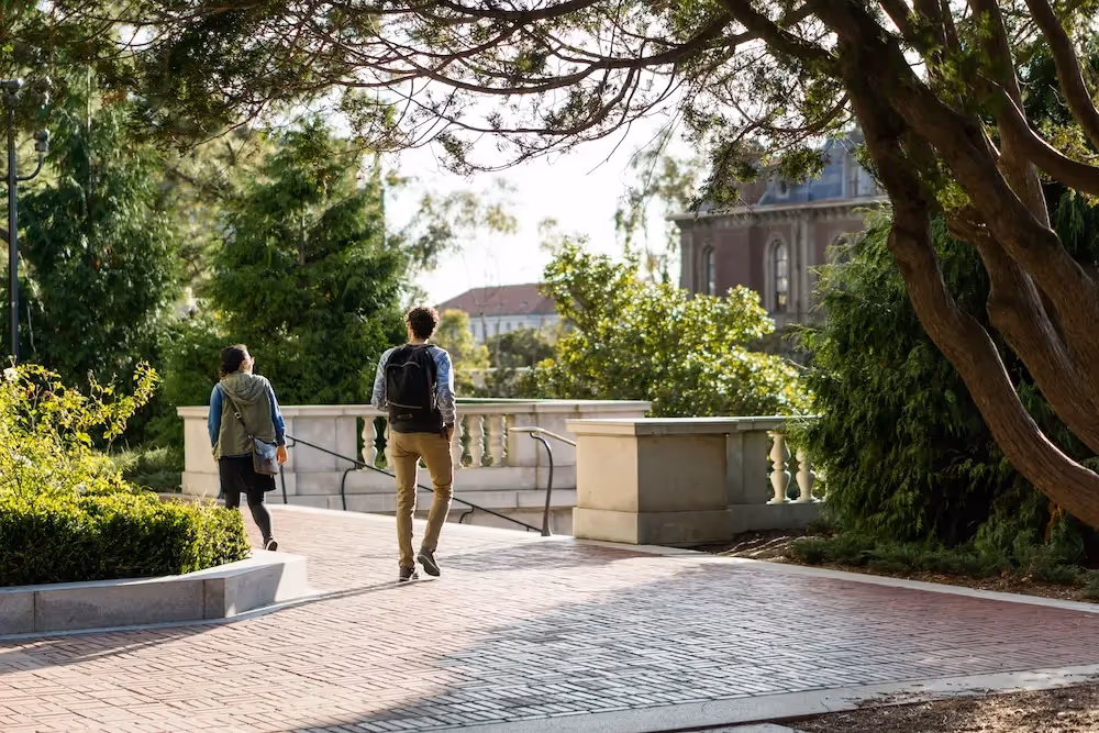 students walking along path on campus