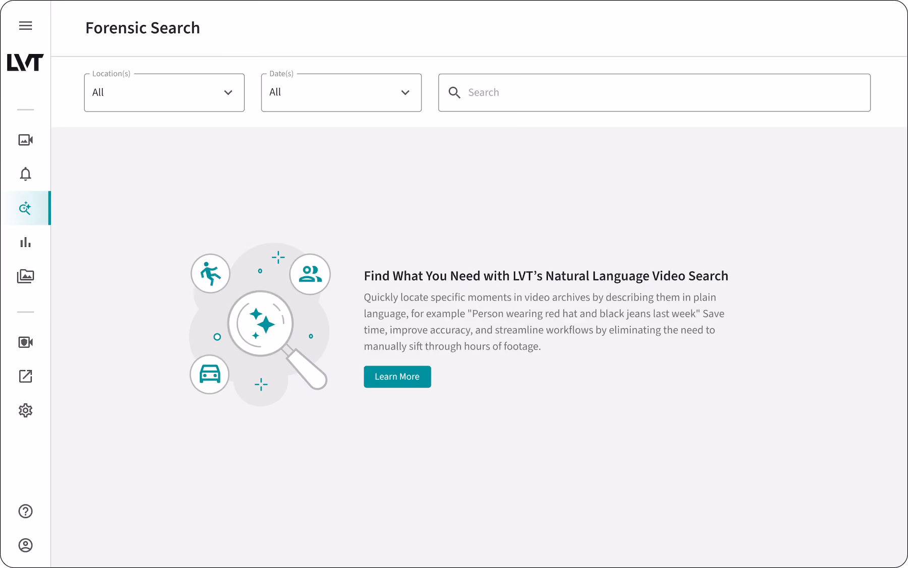 LVT's forensic search page that gives you the options for sections based on location, date and keywords.