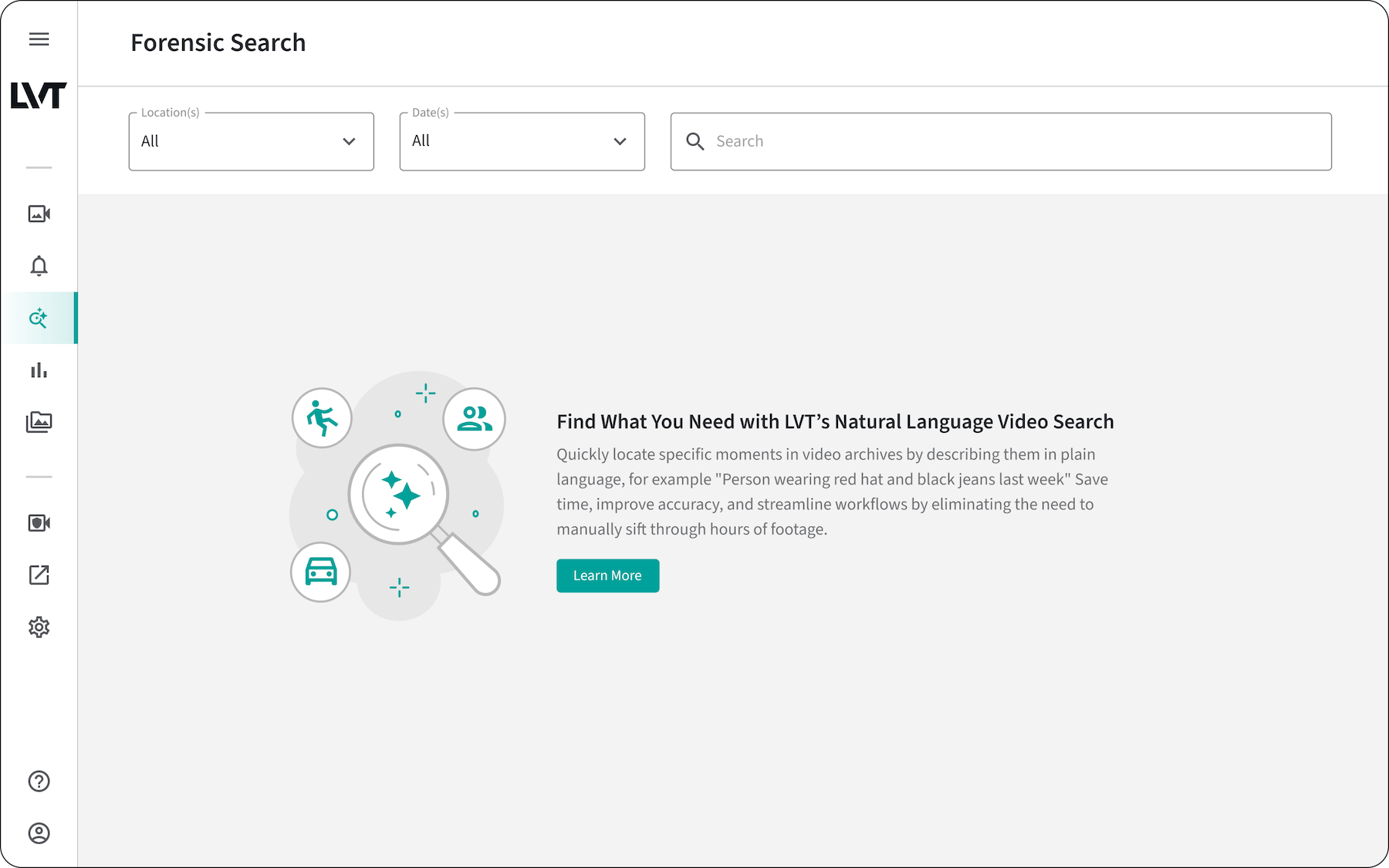 LVT's forensic search page that gives you the options for sections based on location, date and keywords.