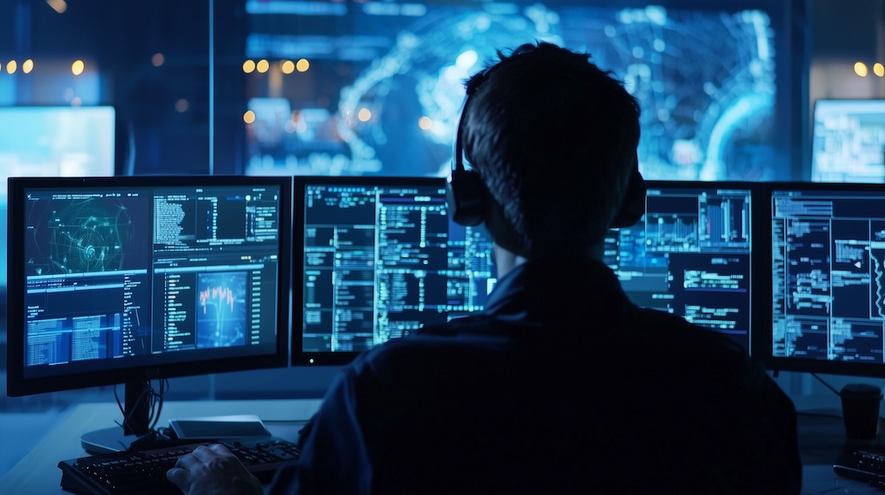 Person sitting at a security desk monitoring screens.