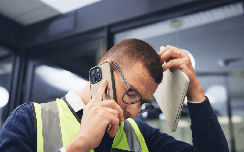 A stressed worker in a high-visibility safety vest talking on a smartphone while clutching a tablet to his head.