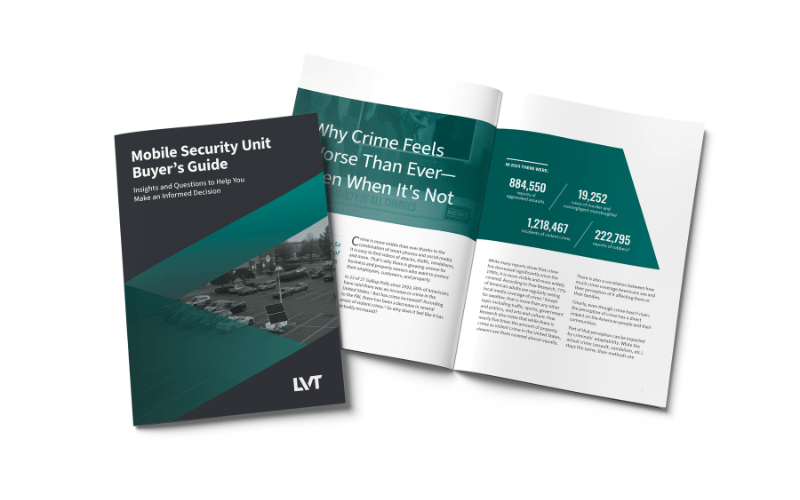 A printed copy and open spread of the "Mobile Security Unit Buyer’s Guide" brochure by LVT.