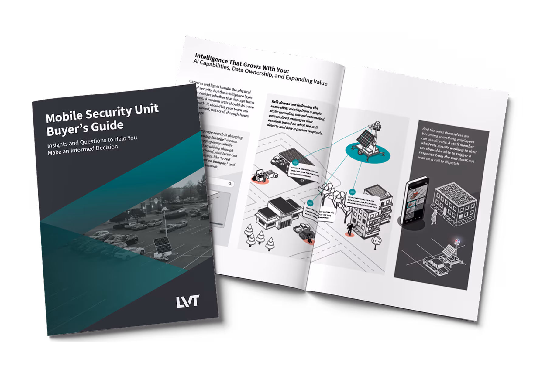 Professional mockup of the LVT Mobile Security Unit Buyer's Guide displaying crime statistics and research.