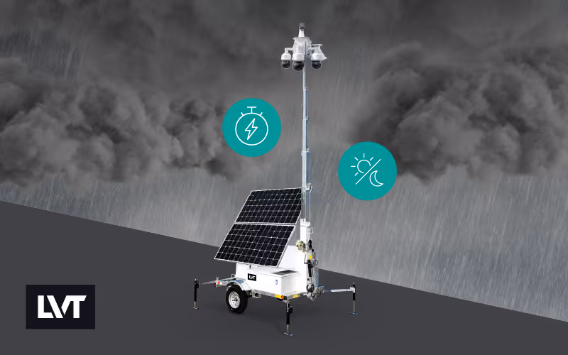 An LVT solar-powered mobile security trailer operating in heavy rain and dark storm clouds, accompanied by uptime and day-night power icons.