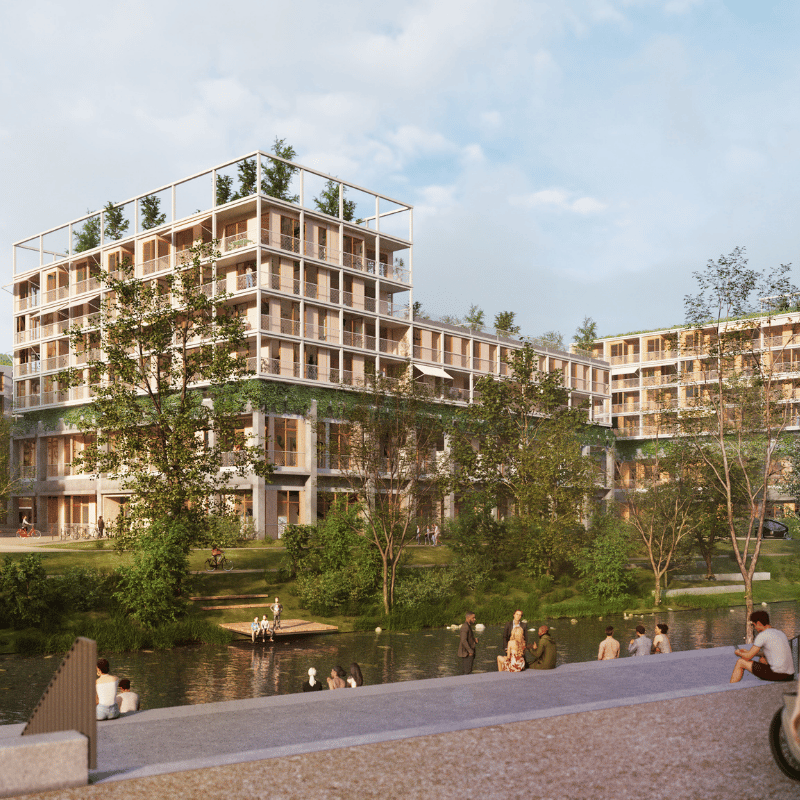 Visualisierung des Blau.Quartier Ulm, Bauabschnitt Mitte-West: moderne, begrünte Wohngebäude am Wasser mit Menschen im öffentlichen Freiraum