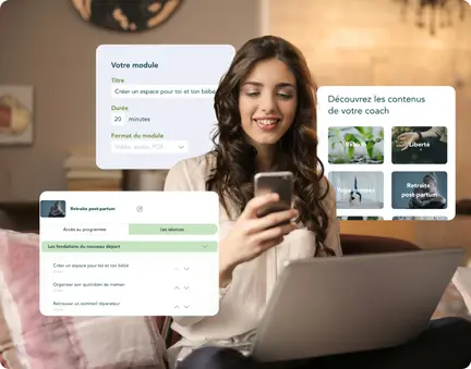 Coach bien-être créant un programme en ligne via une plateforme intuitive, avec modules personnalisés et relaxation dynamique.