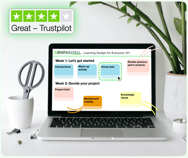 An image of Coursensu transforming content and a link to our Trustpilot reviews