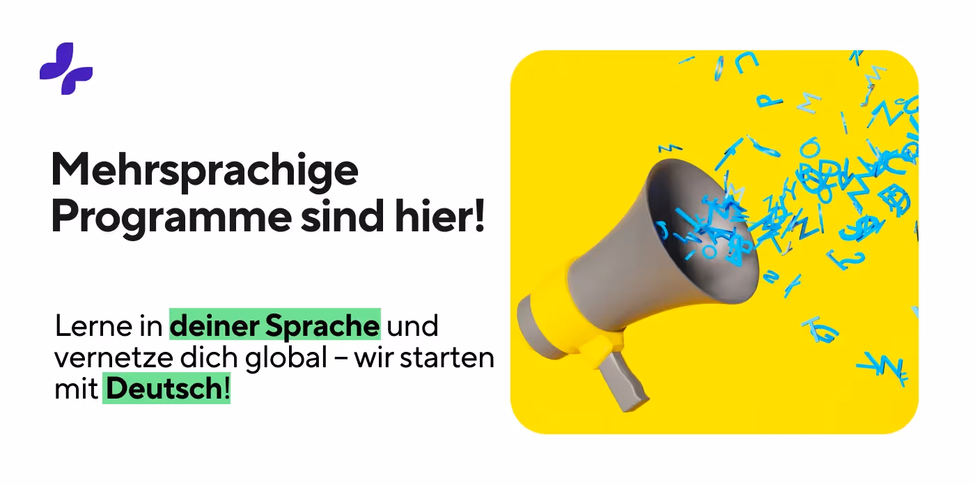 Grafik eines Megaphons, das blaue Buchstaben auf einem gelben Hintergrund ausstrahlt, um mehrsprachige Studiengänge mit Deutsch zu fördern.
