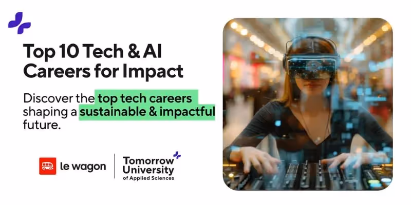 Top 10 KI- und Tech-Karrieren für Einfluss, mit Frau mit VR-Headset und digitaler Schnittstelle.