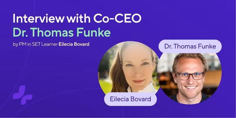 Interview-Ankündigung mit Co-CEO Dr. Thomas Funke und Lernerin Eilecia Bovard auf lila Hintergrund.
