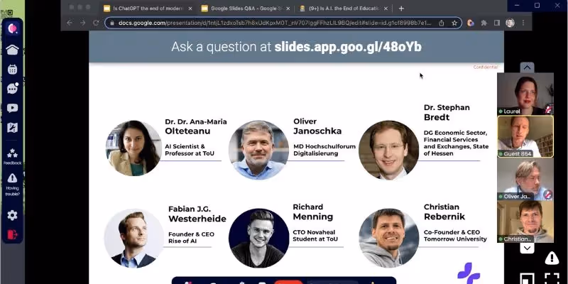 Virtual panel with AI experts from academia, business, and government discussing ChatGPT in education.