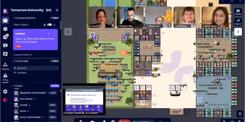Virtual campus event with speakers and attendees engaging in an online discussion on AI and education.