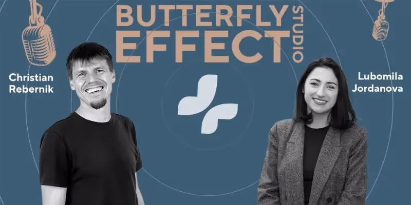 Podcast-Cover mit Christian Rebernik und Lubomila Jordanova, Gründerin von Plan A, für eine Episode des Butterfly Effect Studios.