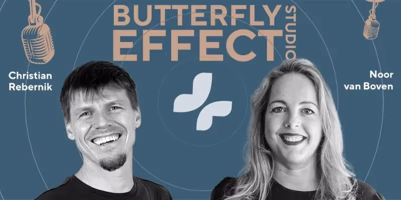 Podcast graphic showing Christian Rebernik and Noor van Boven with "Butterfly Effect Studio" text.
