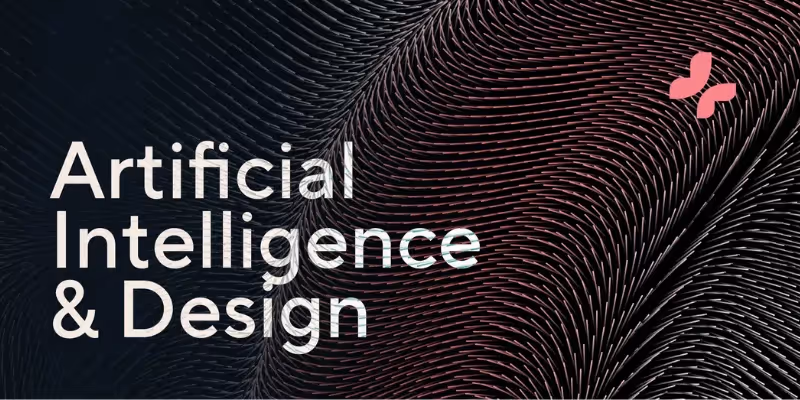 Text 'Künstliche Intelligenz & Design' über abstraktem Wellenmuster mit dunklen und roten Farbtönen.