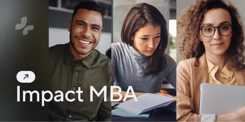 Drei diverse Lernende stehen neben dem Text 'Impact MBA' vor einem modernen, professionellen Hintergrund.