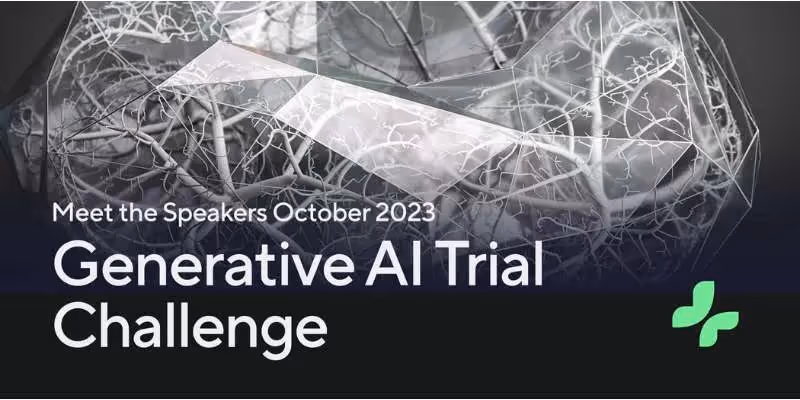 Abstraktes geometrisches Gehirn mit neuronalen Netzbildern und Text 'Generative AI Trial Challenge, Okt 2023'.
