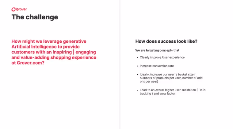 Grover challenge slide asking how AI can enhance user experience and success criteria.