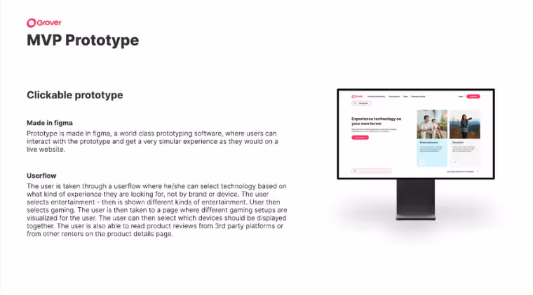 Grover MVP prototype overview showing clickable user journey and product categories on screen.