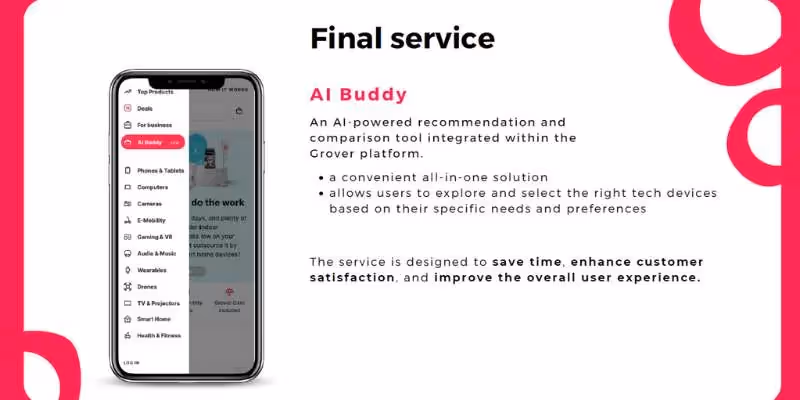 Grover AI Buddy tool on smartphone, with description of its recommendation and comparison features.