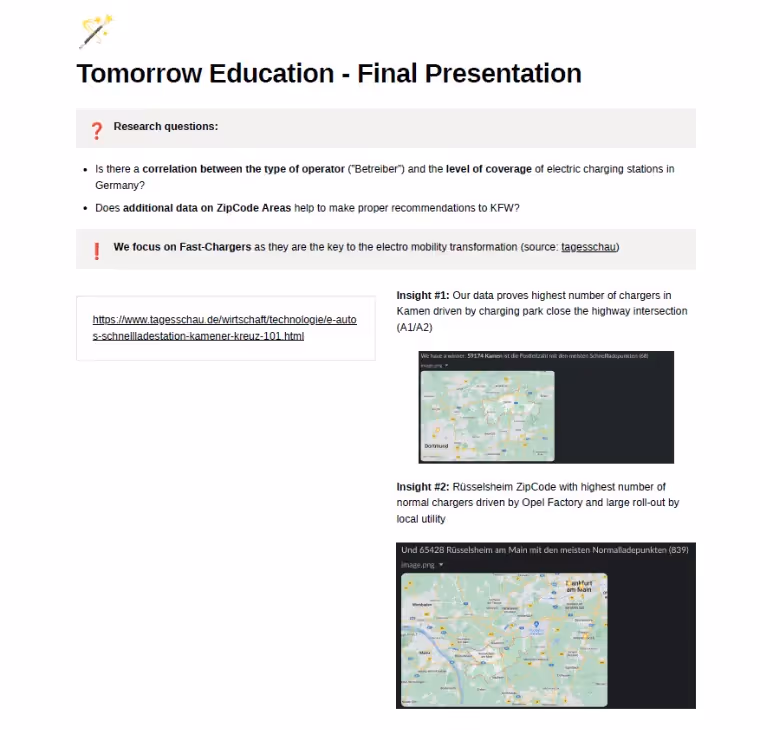 Research presentation on electric charger coverage and fast-charging insights in Germany.