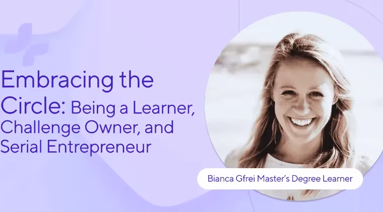 Bianca Gfrei lächelnd im runden Rahmen, vorgestellt als Master-Studentin bei der Tomorrow University.