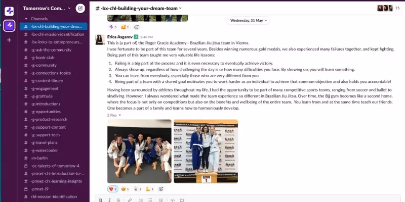 Slack post about team values from a Brazilian Jiu Jitsu experience.