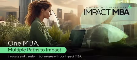 Woman with laptop in a futuristic cityscape promoting the Tomorrow University Impact MBA.