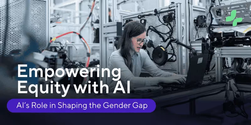 Woman working on laptop surrounded by machinery and tech components with the text “Empowering Equity with AI” and “AI’s Role in Shaping the Gender Gap.”