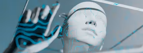 A robot clicking on a transparent screen.