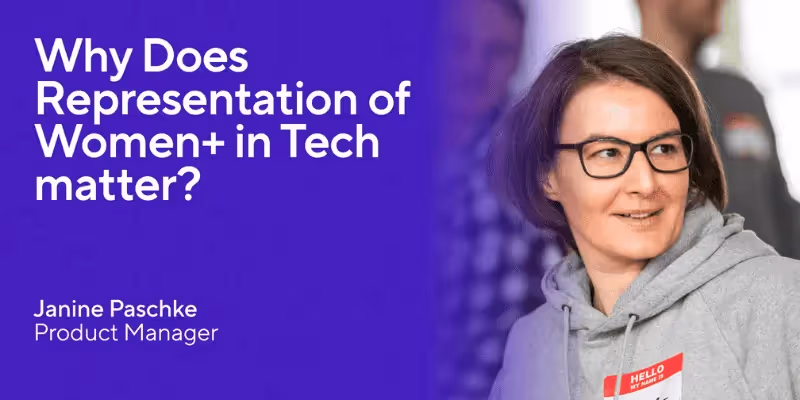 Frau in einem Tech-Hoodie neben einem Text, der fragt, warum Frauen+ Repräsentation im Tech-Bereich wichtig ist.