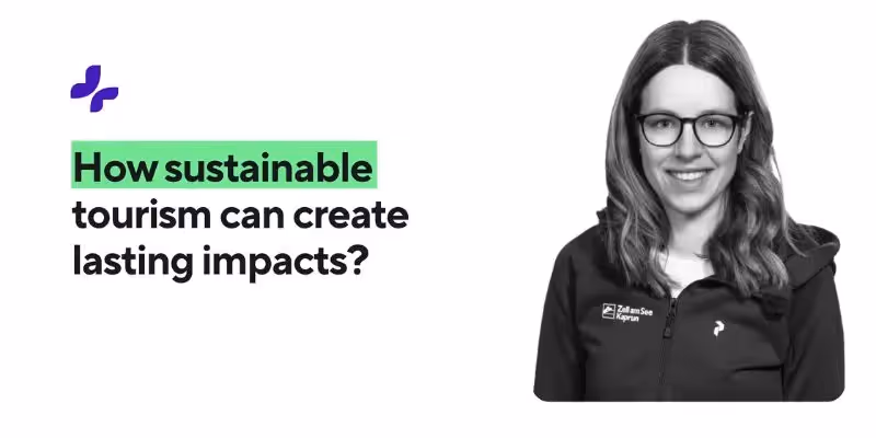 Frau in einer Zell-am-See-Kaprun-Jacke lächelt neben dem Text 'Wie nachhaltiger Tourismus nachhaltige Auswirkungen schaffen kann?'