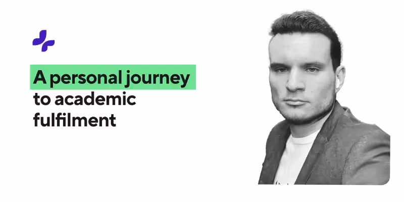 Schwarz-Weiß-Porträt von Blaise in einem Blazer mit dem Text „Eine persönliche Reise zur akademischen Erfüllung“.