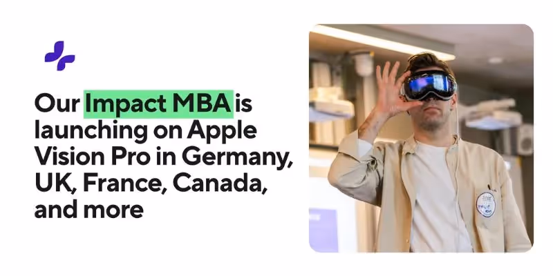Mann mit VR-Headset: Impact MBA startet global auf Apple Vision Pro.