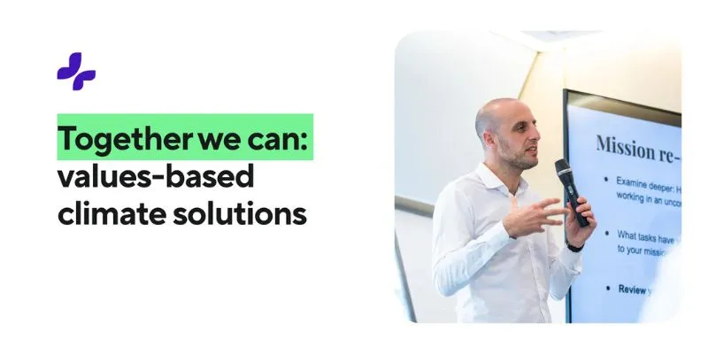 Sami Asad presenting with microphone, text about values-based climate solutions, "Together we can".