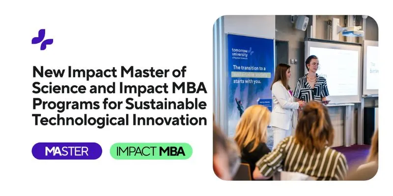 Classroom session image with text about new Impact Master of Science and MBA programs.