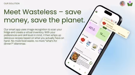 Smartphone screen displaying the Wasteless app with food inventory, savings, and recipe suggestions.