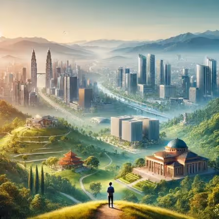 Man overlooking a lush, futuristic city in a valley.