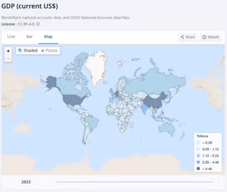 World GDP map by country shaded by size.