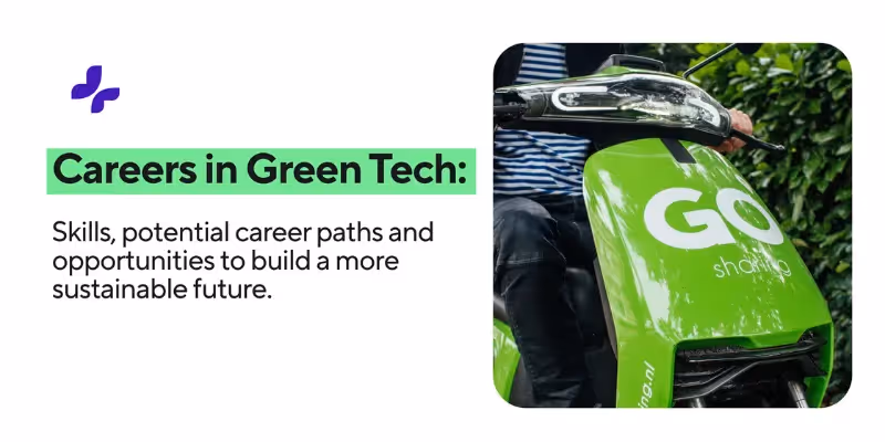 Green electric scooter with "Go sharing" logo next to text about careers, skills, and opportunities in green tech for a sustainable future.