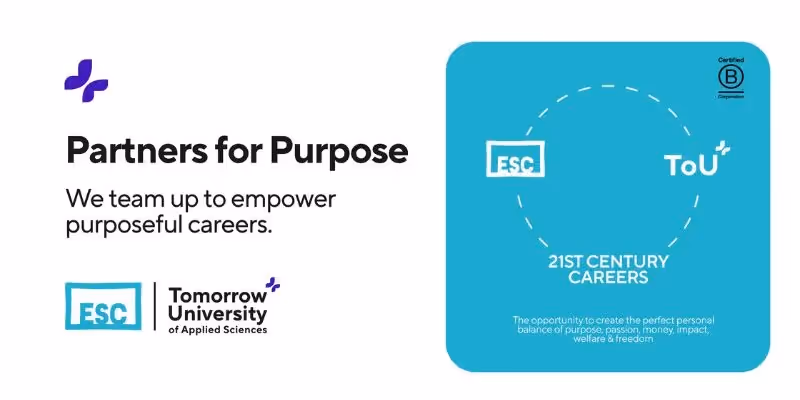Logos of ESC and Tomorrow University linked by dotted circle, text about teaming up for purposeful 21st-century careers.