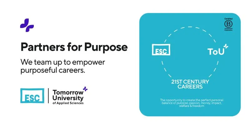 Logos of ESC and Tomorrow University linked by dotted circle, text about teaming up for purposeful 21st-century careers.