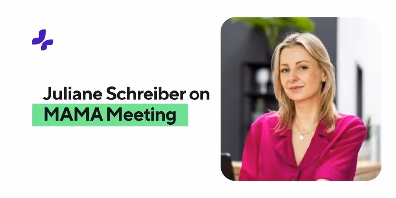 Portrait of Juliane Schreiber smiling, wearing pink blouse, next to text about Juliane Schreiber on MAMA Meeting.
