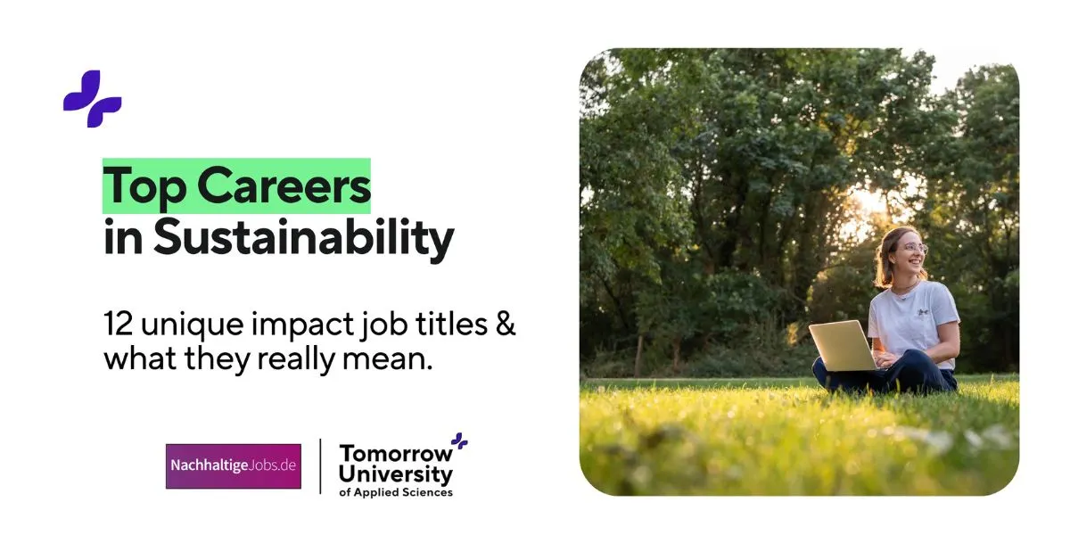 Young woman sitting on grass with laptop, smiling in sunlight, representing top careers in sustainability and impact job titles.